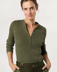 Long-Sleeved Nia Ribbed Henley in Covert Green Cotton/Silk