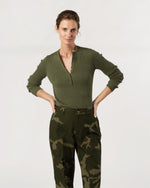 Load image into Gallery viewer, Long-Sleeved Nia Ribbed Henley in Covert Green Cotton/Silk
