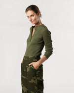 Load image into Gallery viewer, Long-Sleeved Nia Ribbed Henley in Covert Green Cotton/Silk
