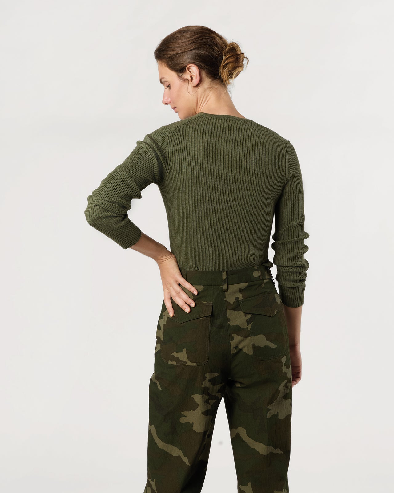 Long-Sleeved Nia Ribbed Henley in Covert Green Cotton/Silk