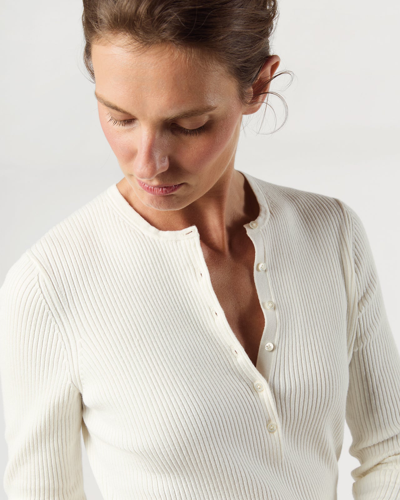 Long-Sleeved Nia Ribbed Henley in Ivory Cotton/Silk