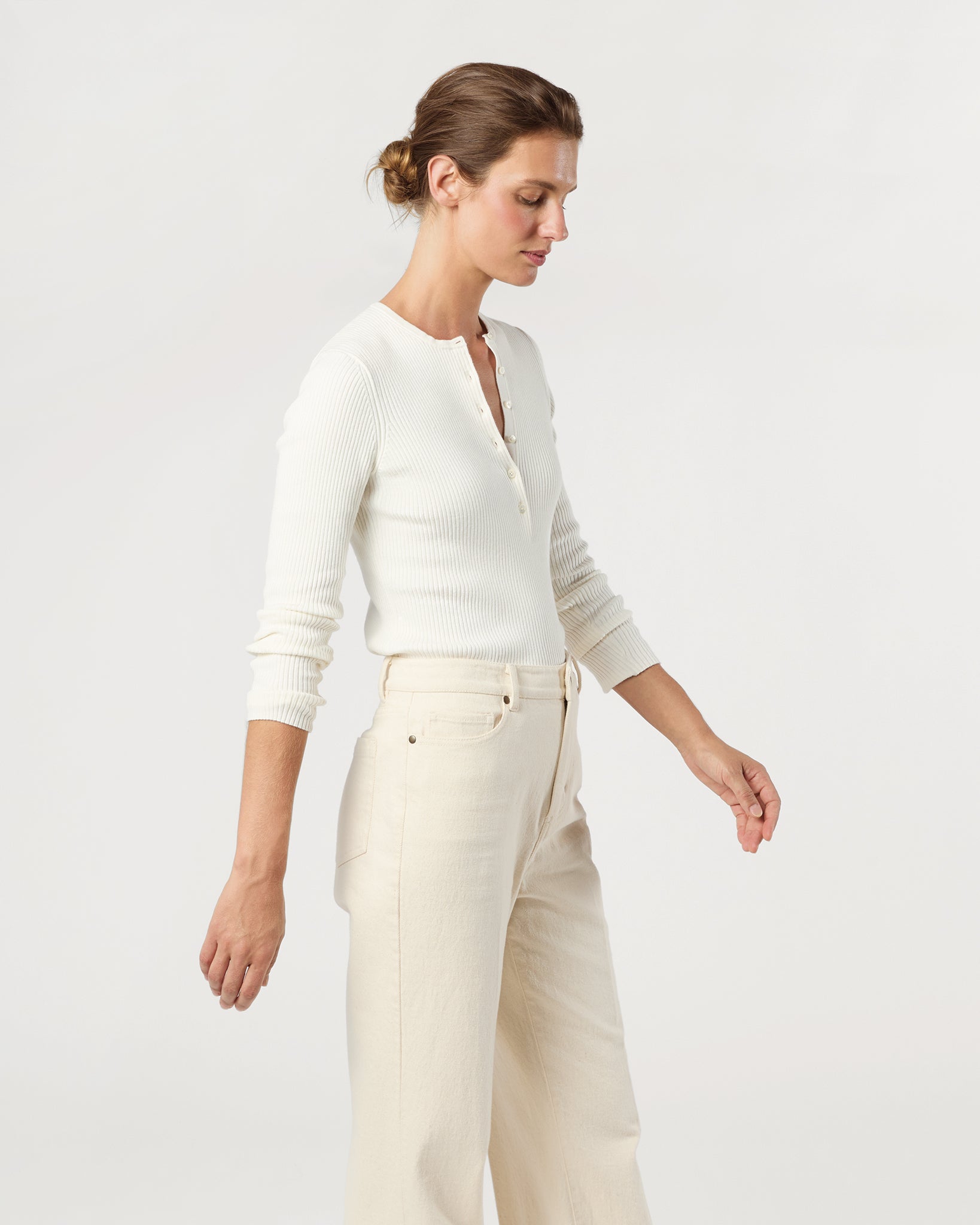 Long-Sleeved Nia Ribbed Henley in Ivory Cotton/Silk