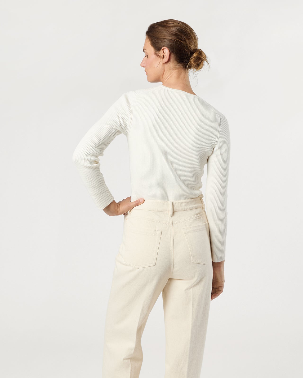 Long-Sleeved Nia Ribbed Henley in Ivory Cotton/Silk