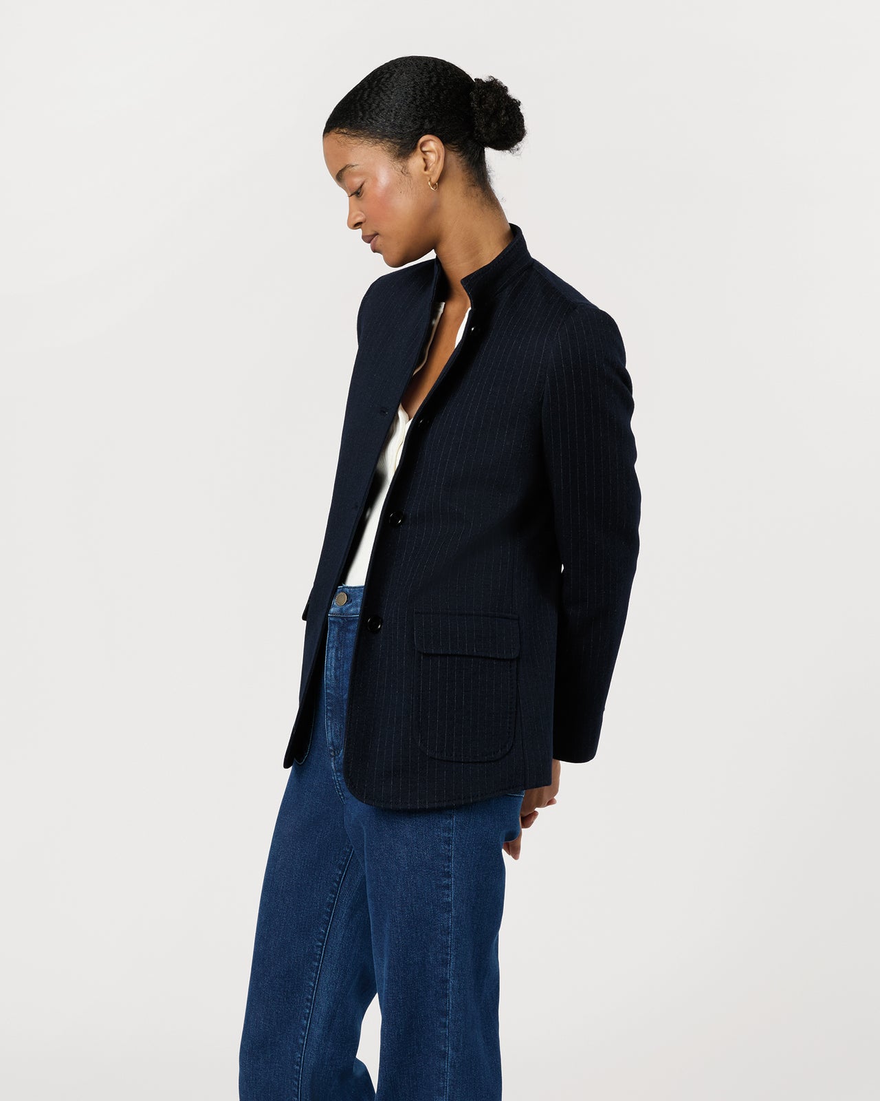 Marguerite Blazer in Navy Pinstripe Knit