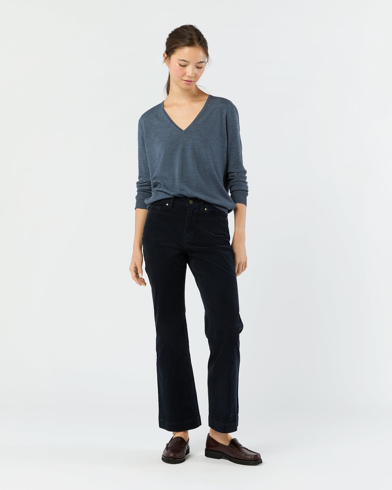 Kate V-Neck Sweater in Airforce Blue Escorial Wool