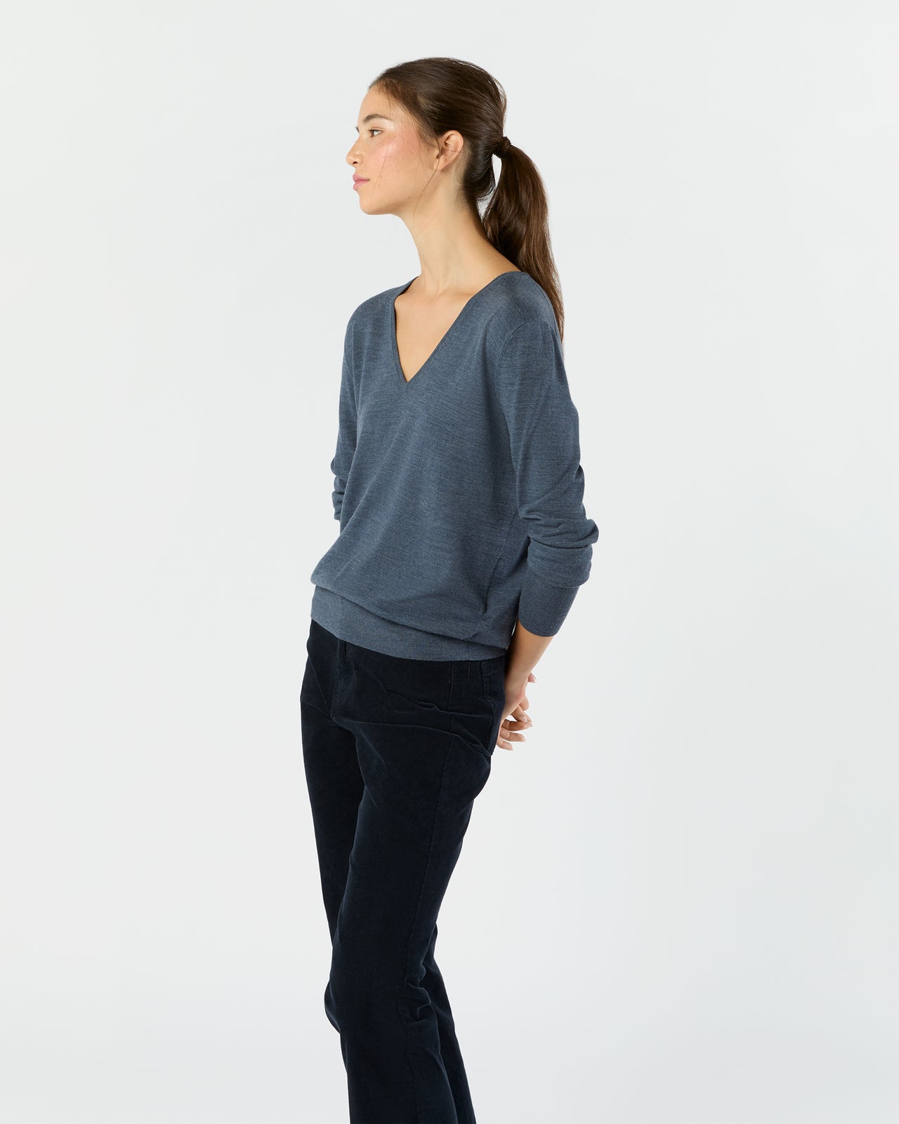 Kate V-Neck Sweater in Airforce Blue Escorial Wool