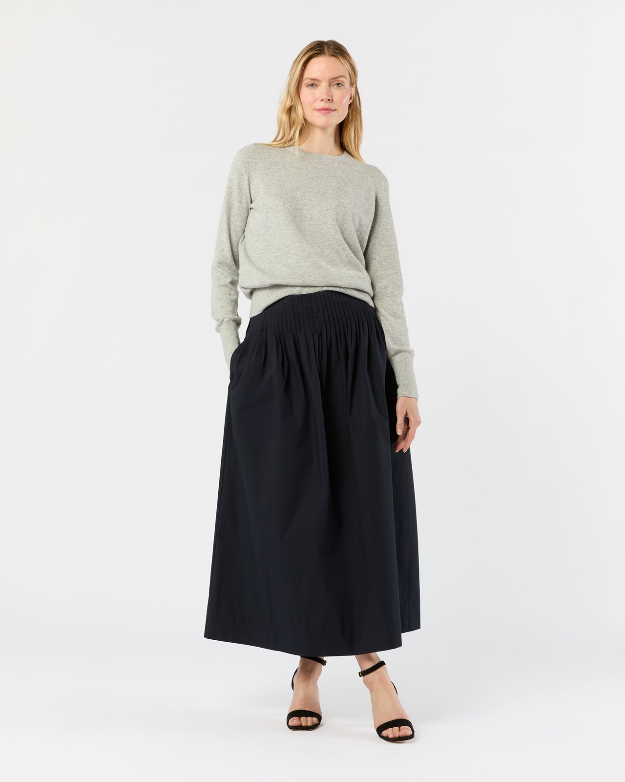 Adah Pintuck Skirt in Navy Paperweight Stretch Poplin