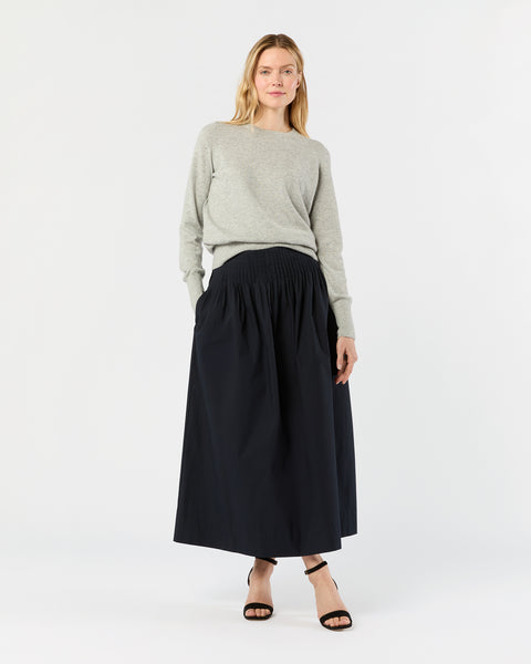 Adah Pintuck Skirt in Navy Paperweight Stretch Poplin | Shop Ann