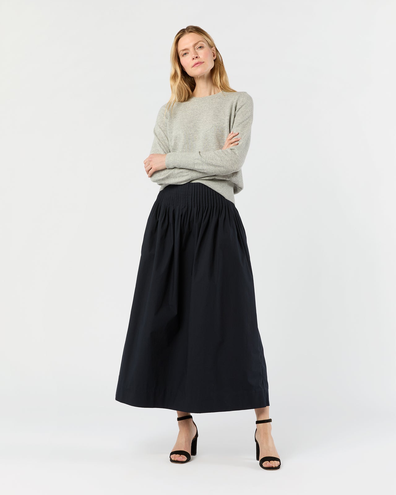 Adah Pintuck Skirt in Navy Paperweight Stretch Poplin