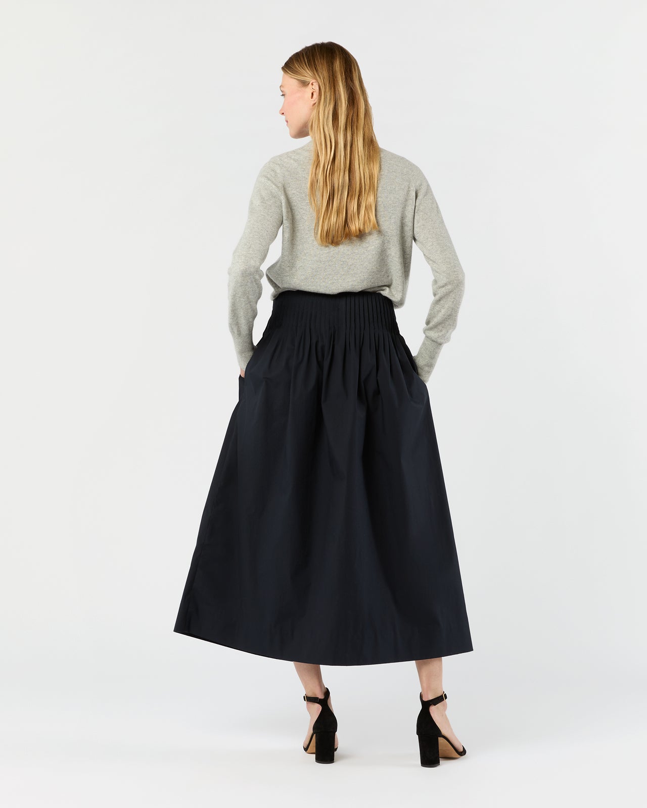 Adah Pintuck Skirt in Navy Paperweight Stretch Poplin