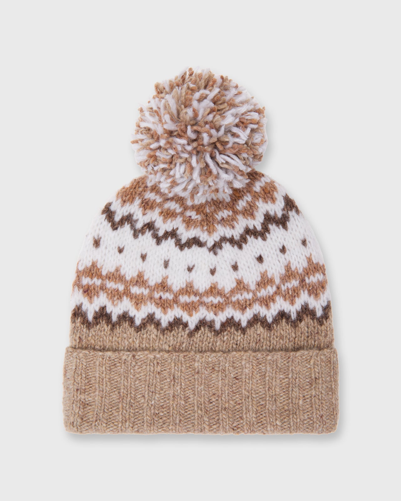 Fair Isle Pom-Pom Beanie in Camel Donegal Multi Cashmere