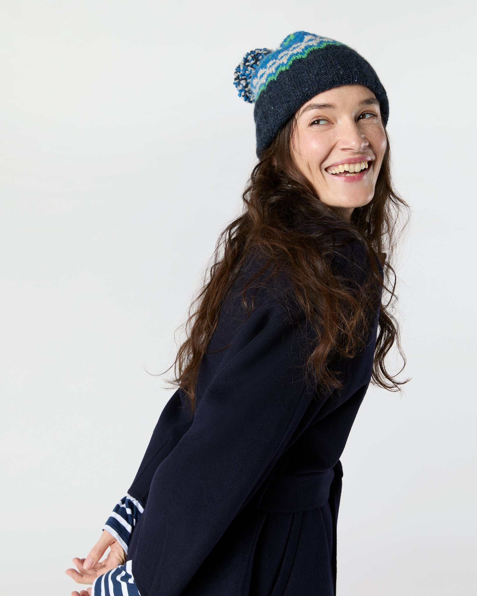 Fair Isle Pom-Pom Beanie in Indigo Donegal Multi Cashmere