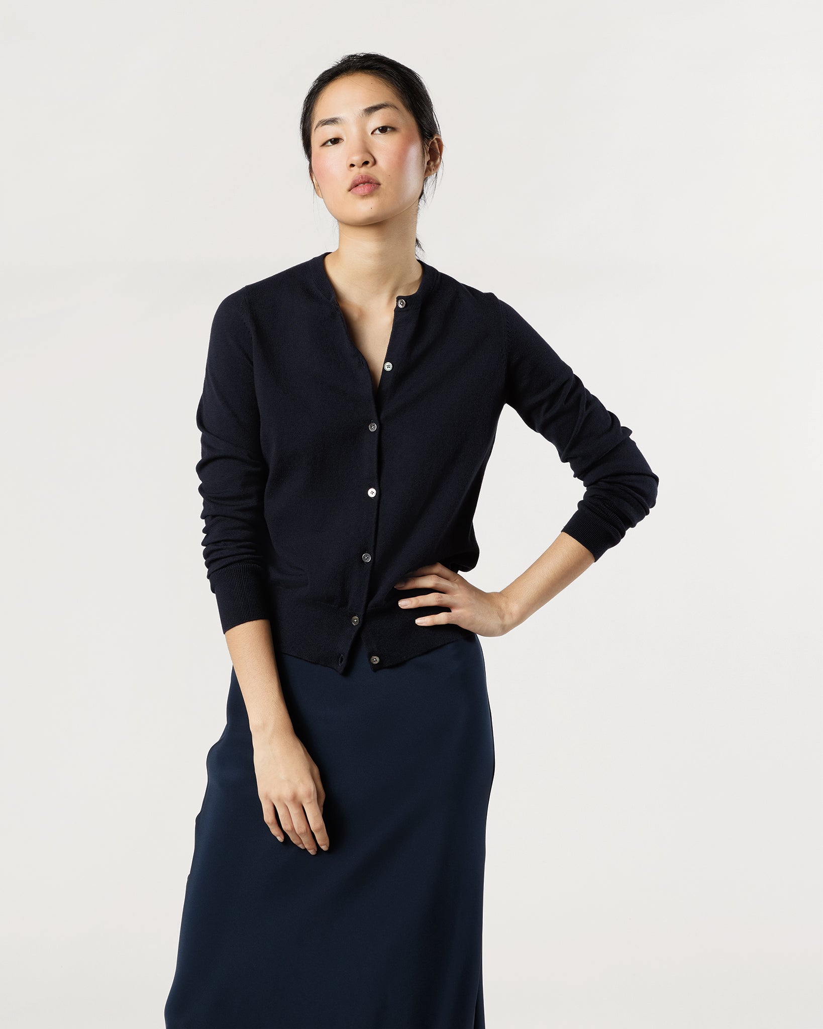 Rosie Cardigan in Deep Navy Cotton/Silk Yarn