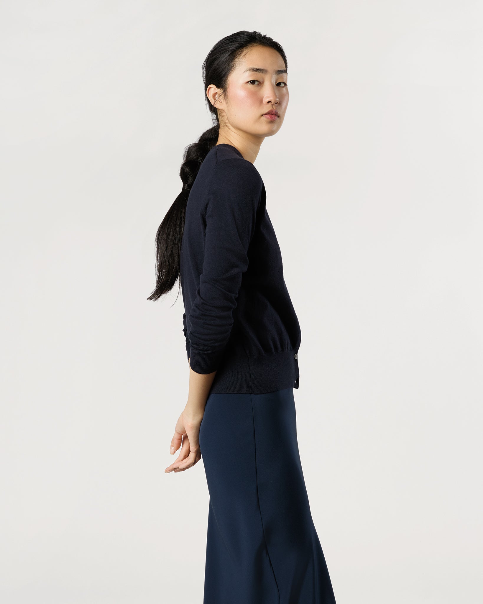 Rosie Cardigan in Deep Navy Cotton/Silk Yarn