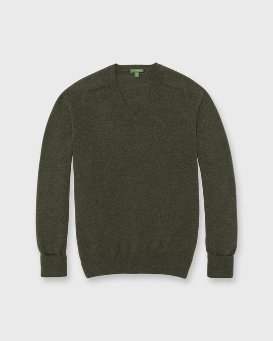Classic V-Neck Sweater in Heather Olive Cashmere