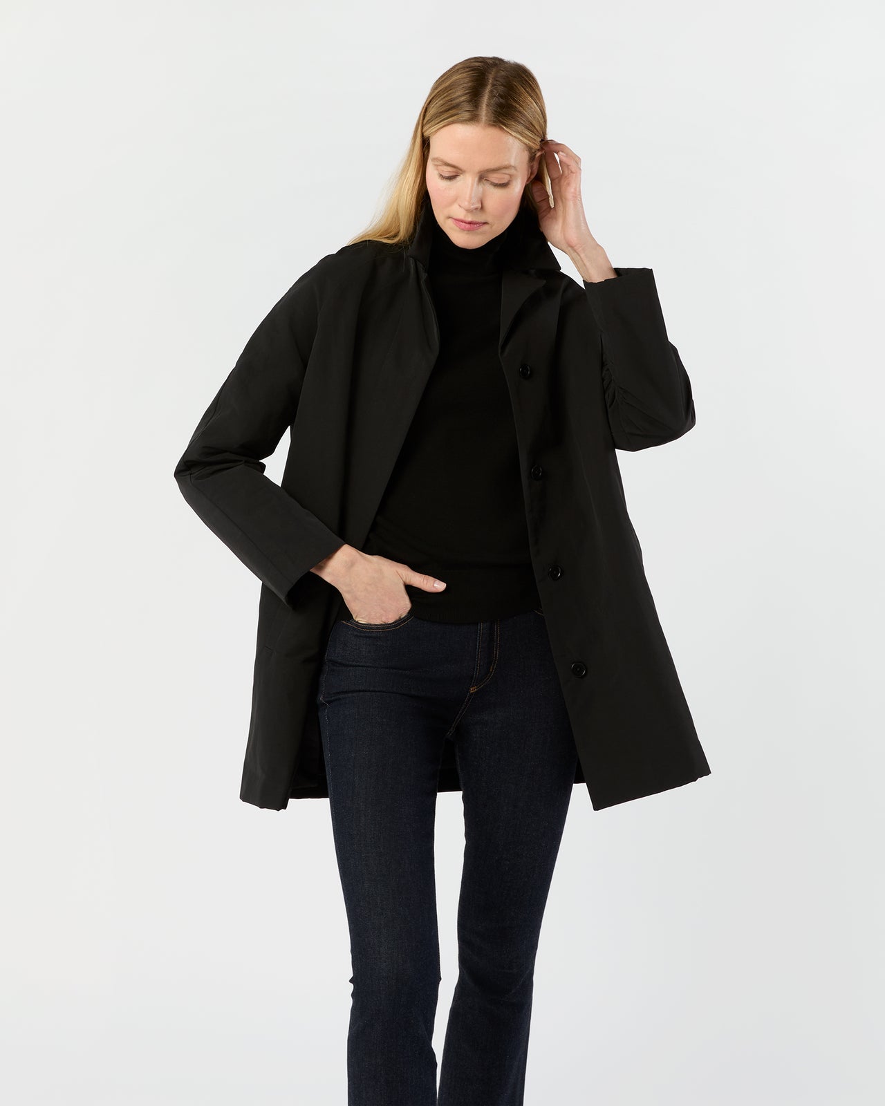Agatha Cashpad Coat in Black Cotton/Nylon Faille | Shop Ann Mashburn