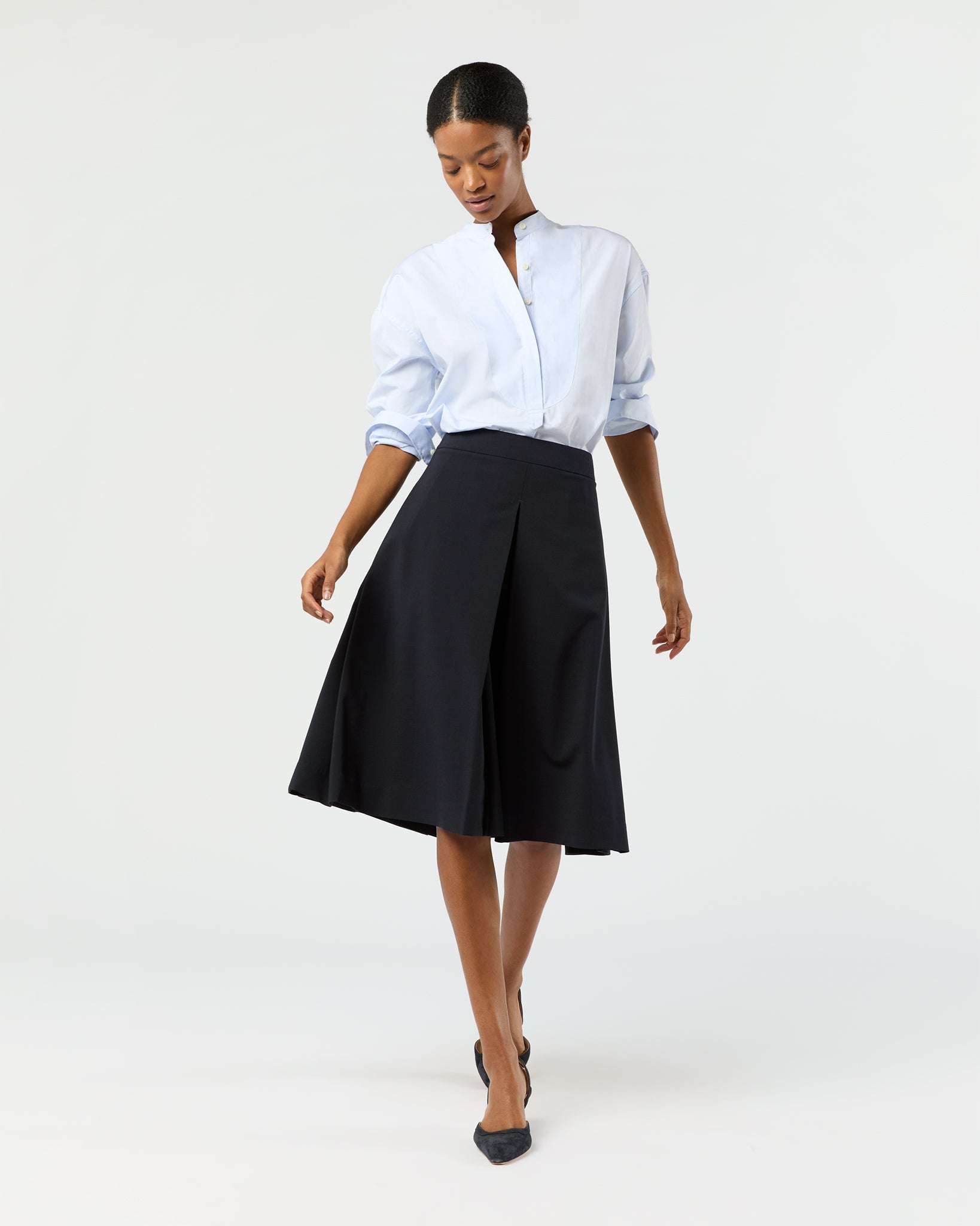 Linda Pleated Skirt in Navy Bi-Stretch Tropical Wool | Shop Ann