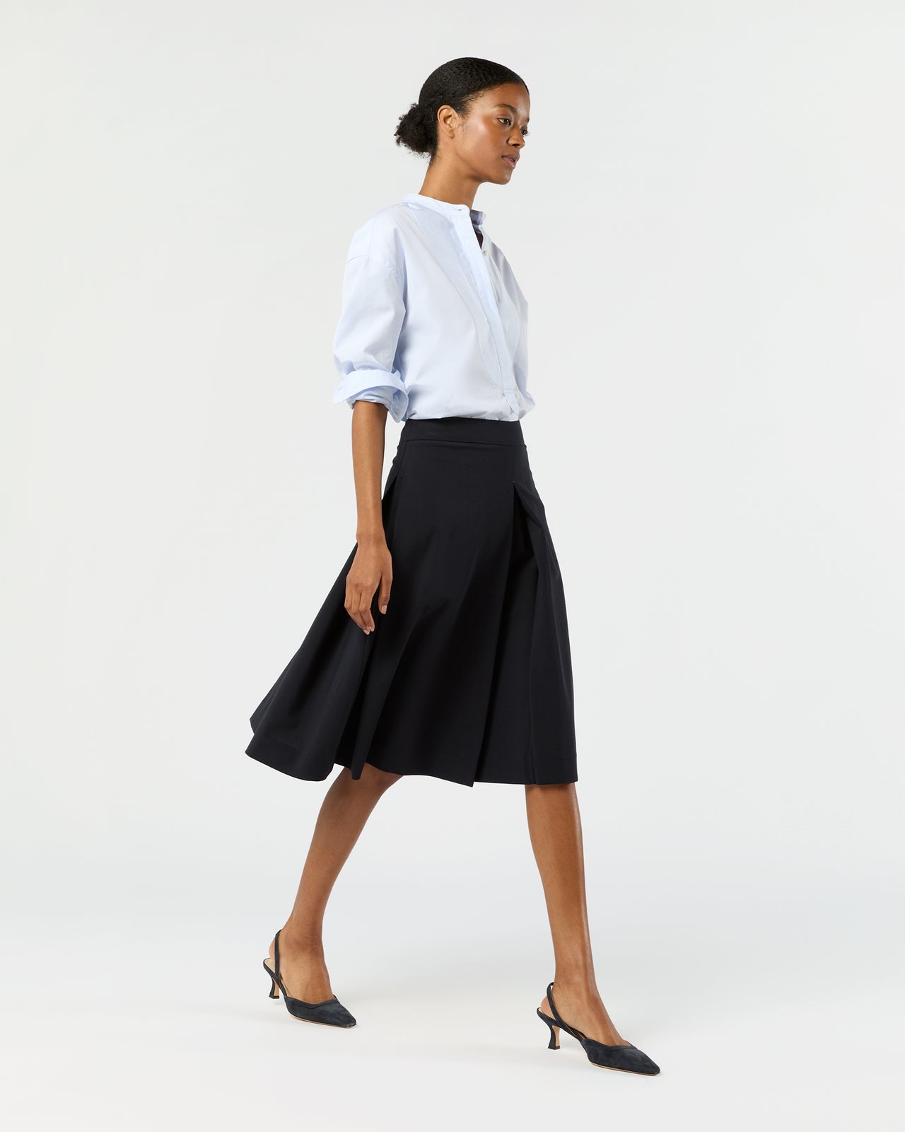 Linda Pleated Skirt in Navy Bi-Stretch Tropical Wool | Shop Ann
