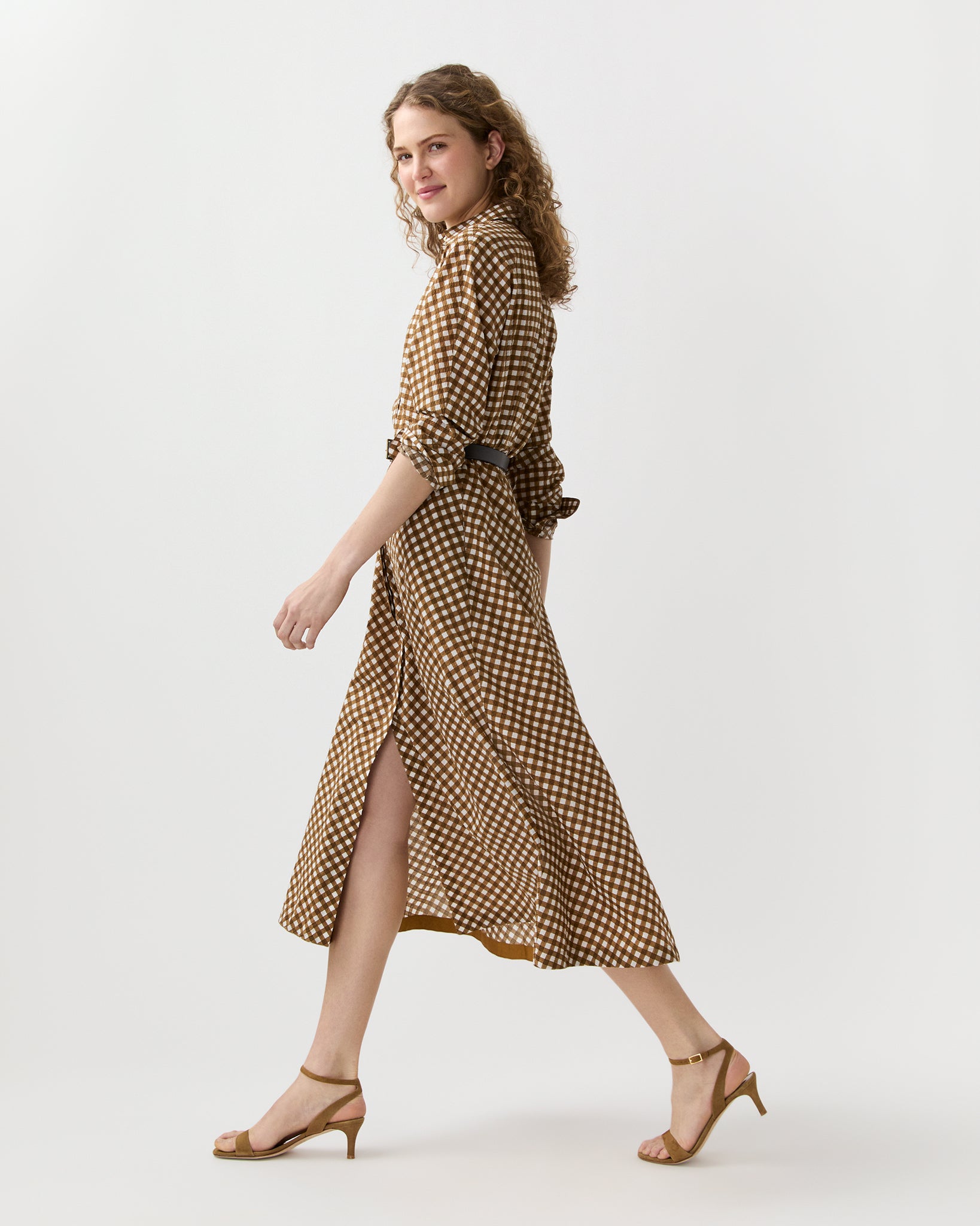 white cotton shirtwaist dress Charlie Shirtwaist Dress in Tobacco/Ivory Gingham Crinkle Cotton