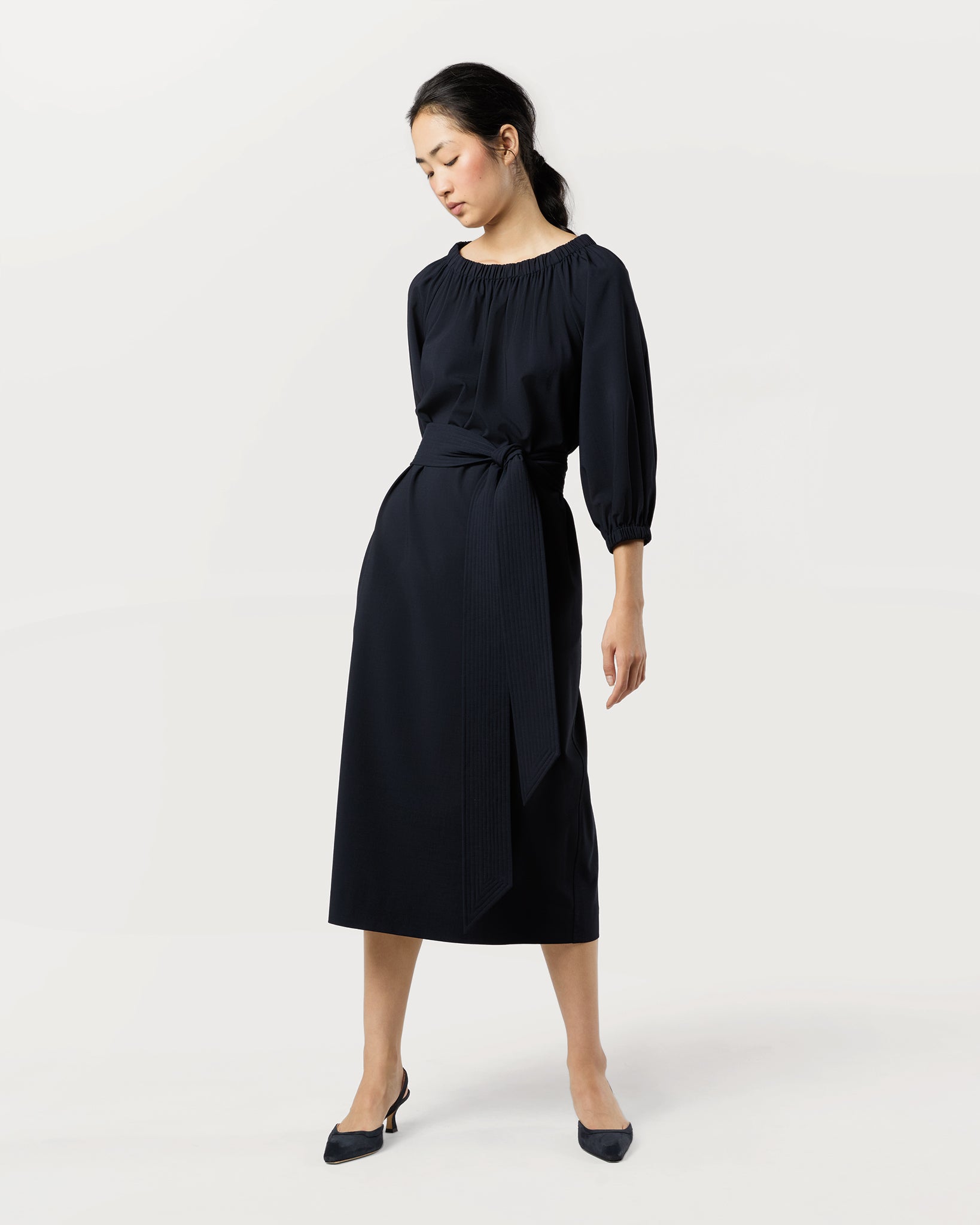 Arabella Blouson Dress in Navy Bi-Stretch Tropical Wool