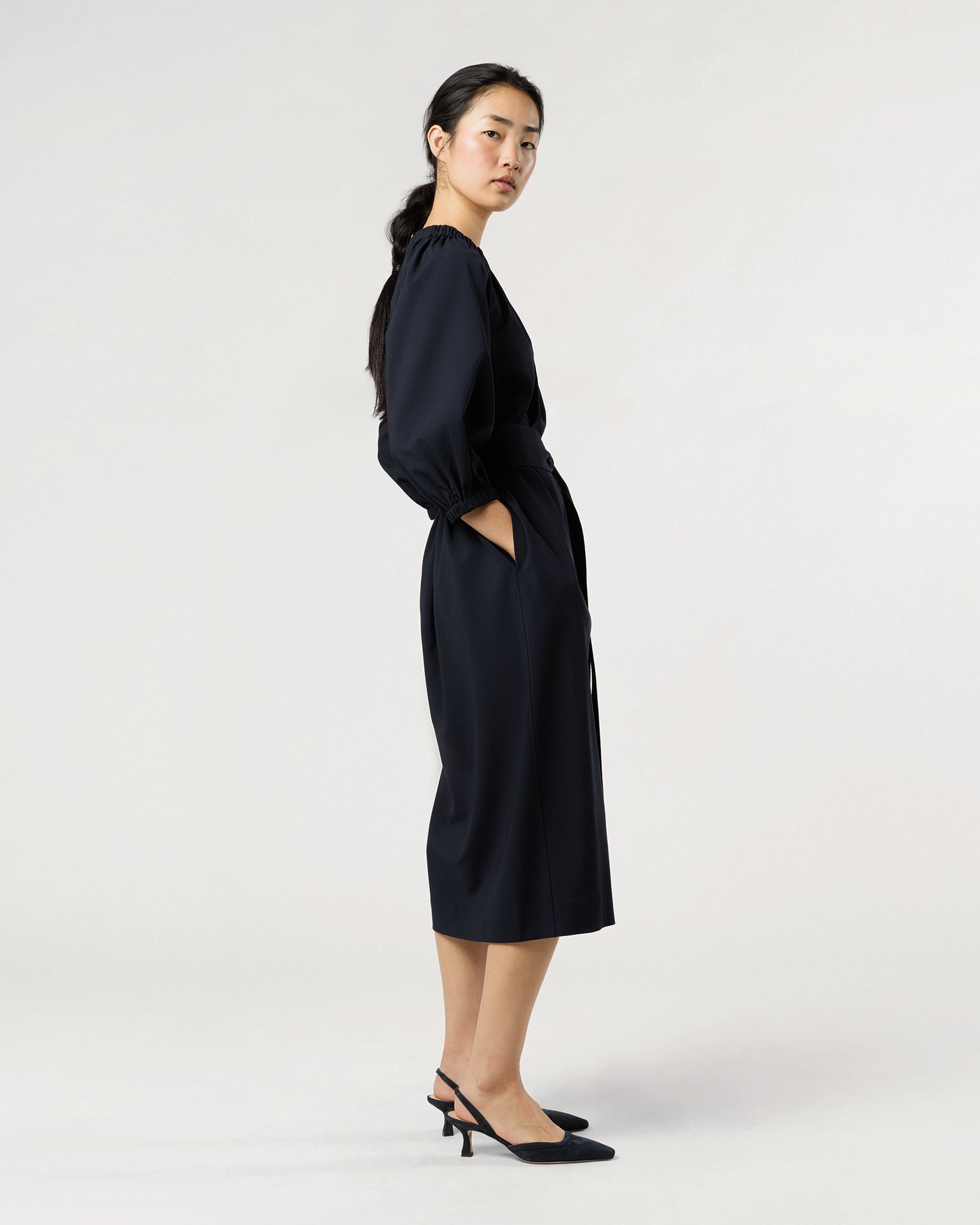 Arabella Blouson Dress in Navy Bi-Stretch Tropical Wool