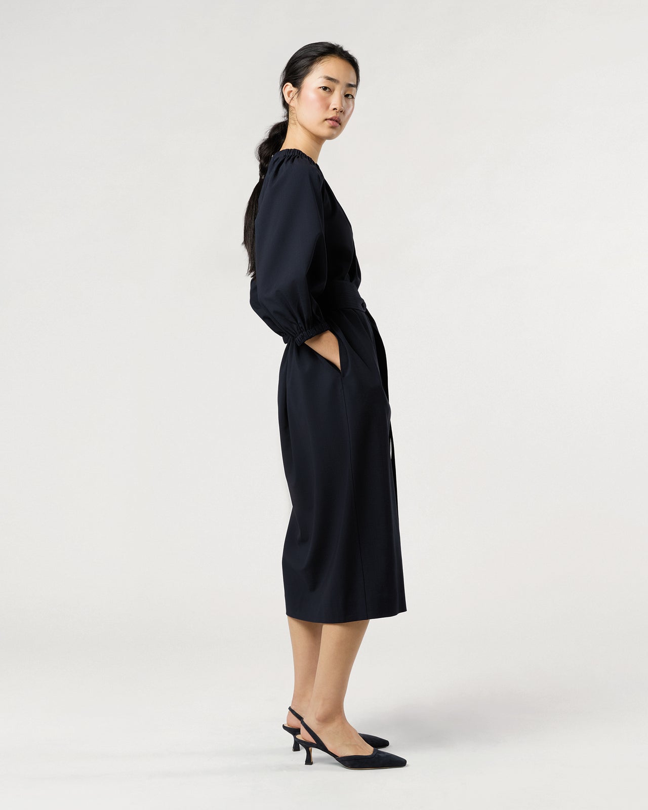 Arabella Blouson Dress in Navy Bi-Stretch Tropical Wool