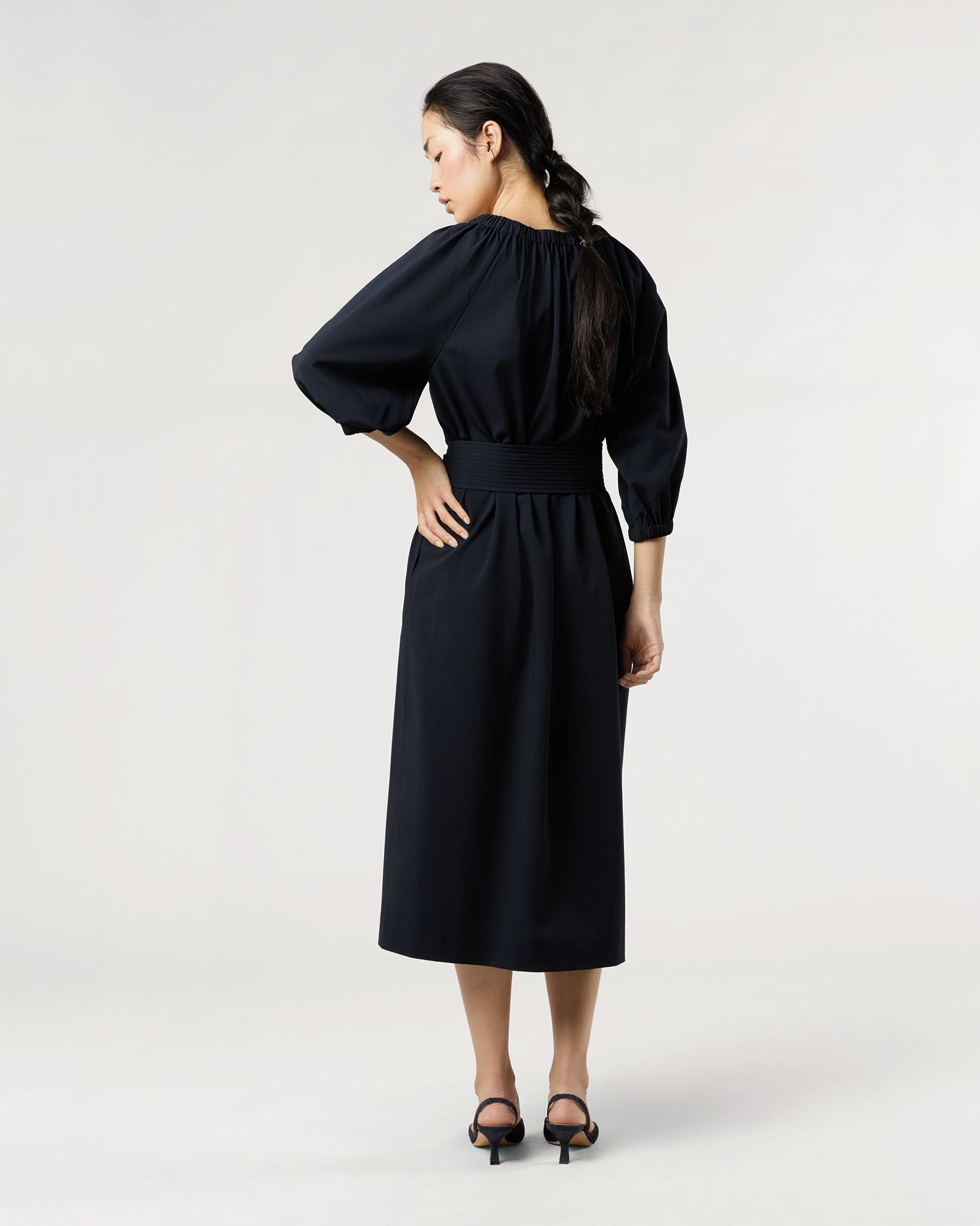 Arabella Blouson Dress in Navy Bi-Stretch Tropical Wool