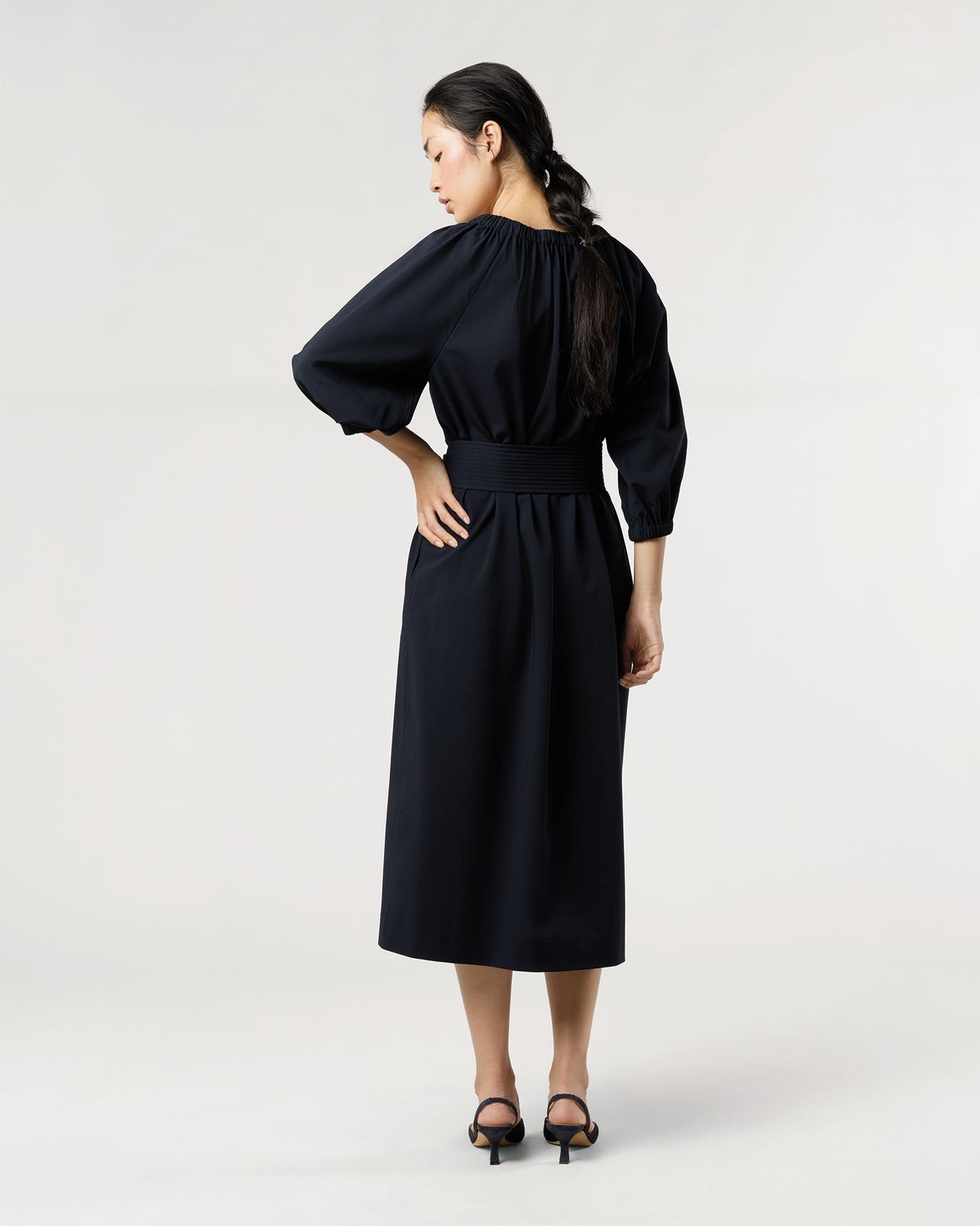 Arabella Blouson Dress in Navy Bi-Stretch Tropical Wool