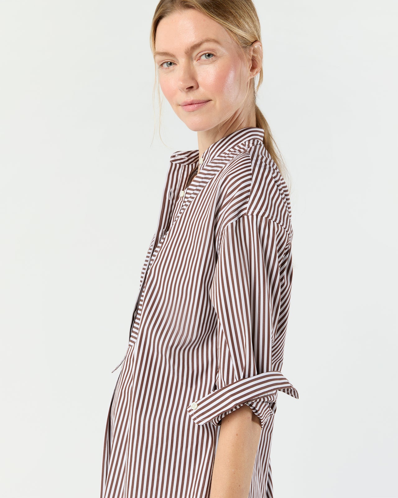 Christiane Bib-Front Tunic in Brown/White Bengal Stripe Poplin