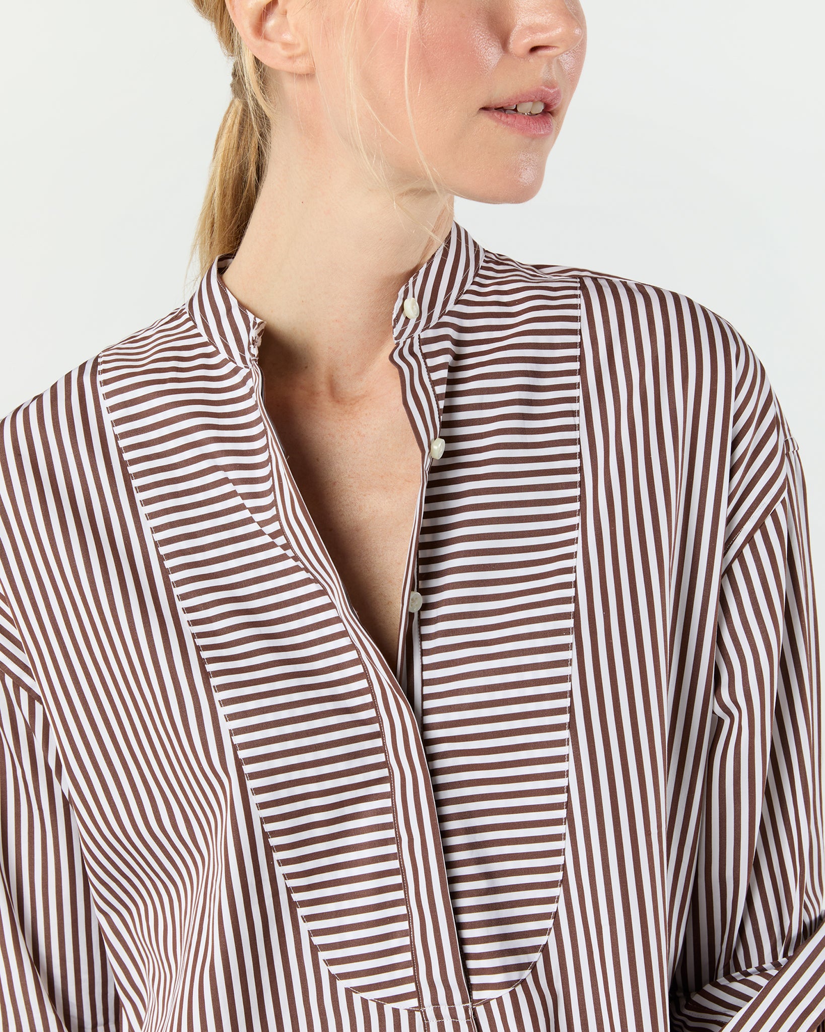 Christiane Bib-Front Tunic in Brown/White Bengal Stripe Poplin