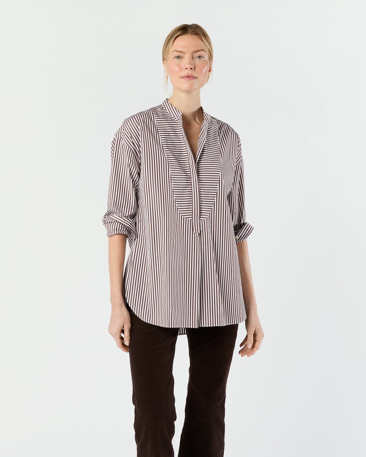 Christiane Bib-Front Tunic in Brown/White Bengal Stripe Poplin