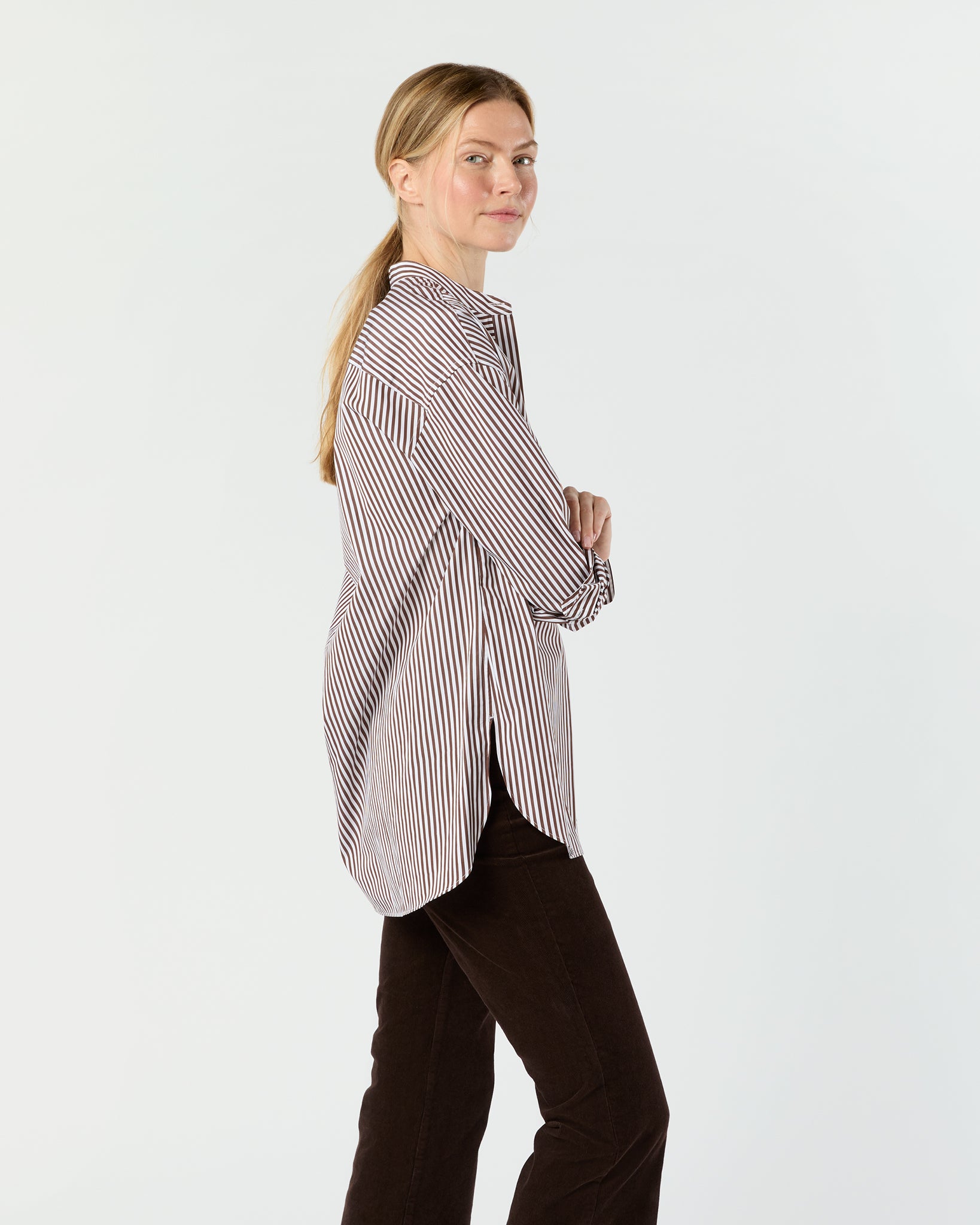 Christiane Bib-Front Tunic in Brown/White Bengal Stripe Poplin