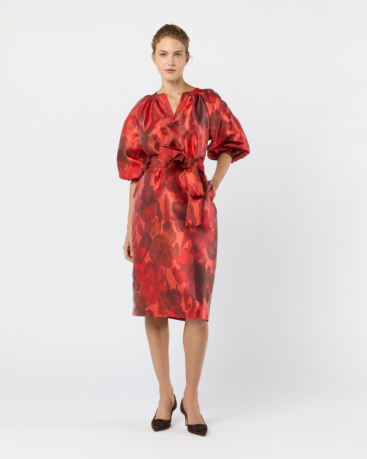 Trapunto Blouson Dress in Red/Multi Watercolor Floral Mikado