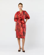 Load image into Gallery viewer, Trapunto Blouson Dress in Red/Multi Watercolor Floral Mikado
