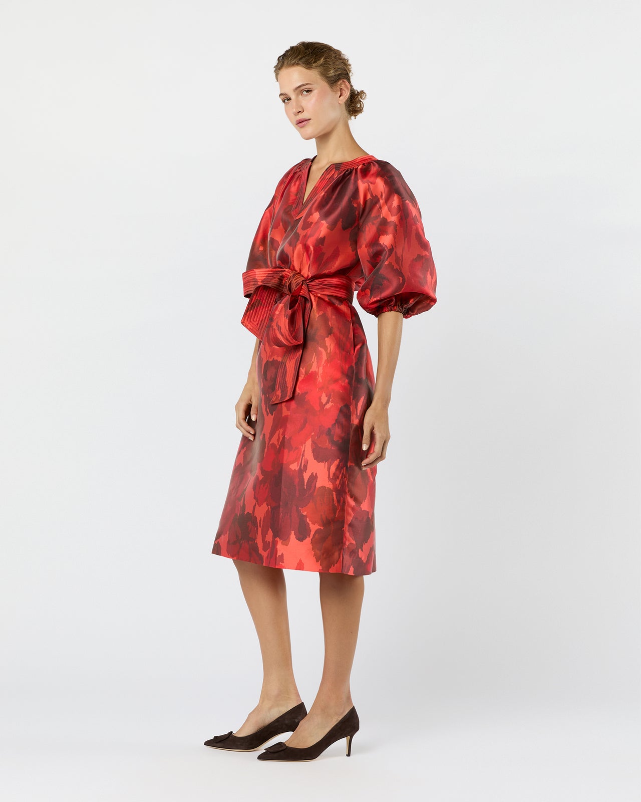 Trapunto Blouson Dress in Red/Multi Watercolor Floral Mikado