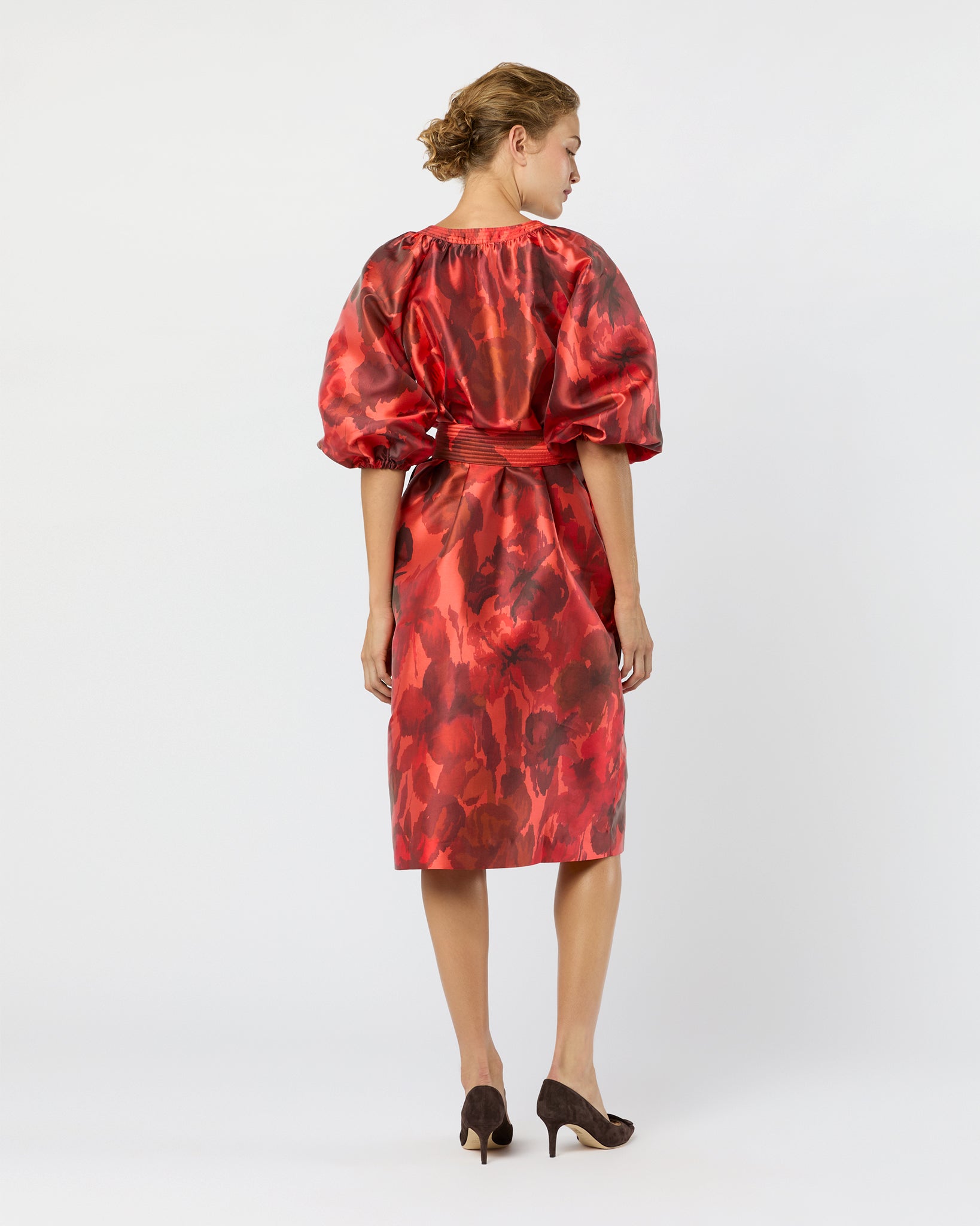 Trapunto Blouson Dress in Red/Multi Watercolor Floral Mikado