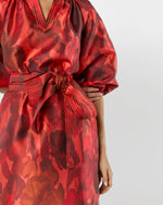 Load image into Gallery viewer, Trapunto Blouson Dress in Red/Multi Watercolor Floral Mikado
