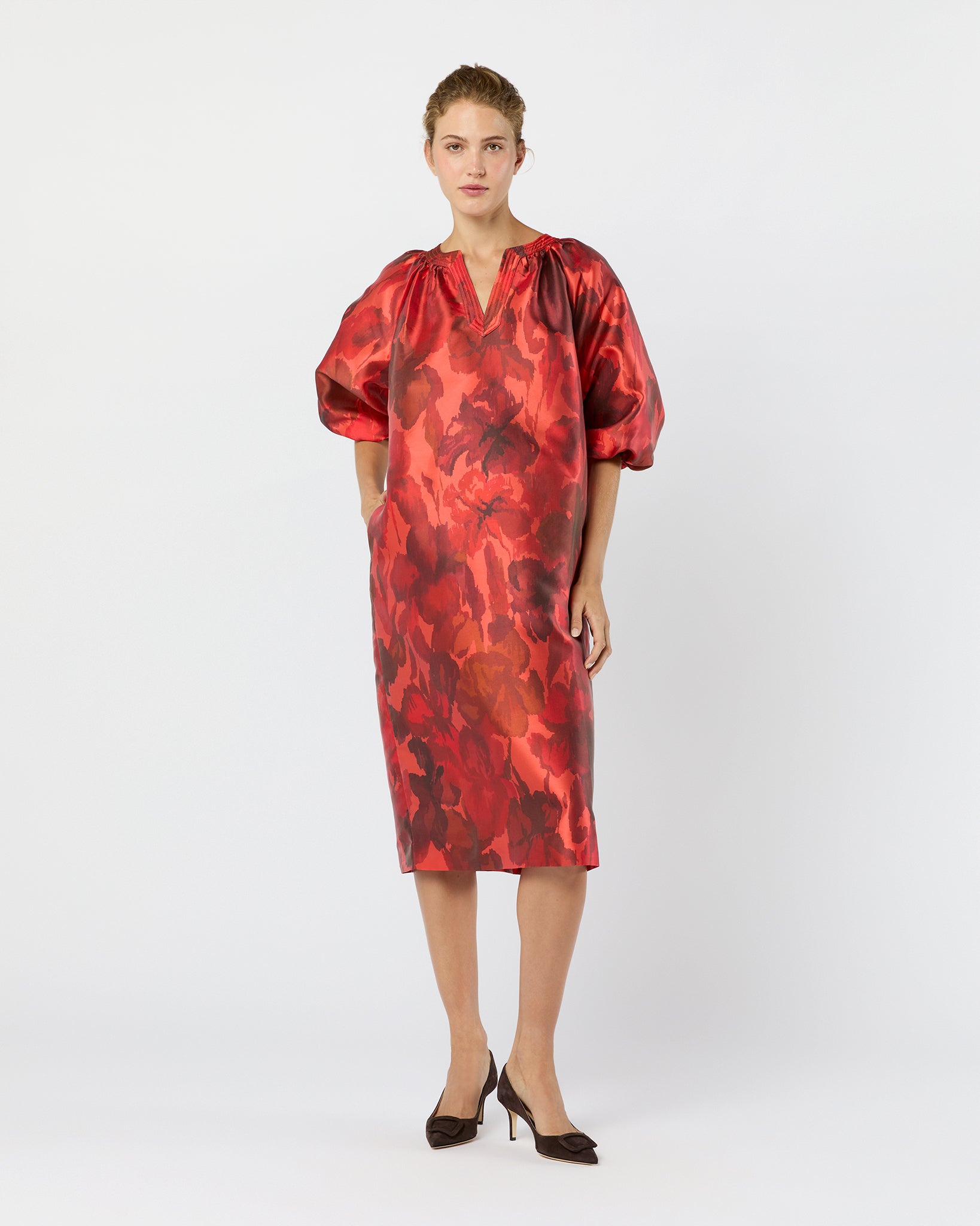 Trapunto Blouson Dress in Red/Multi Watercolor Floral Mikado