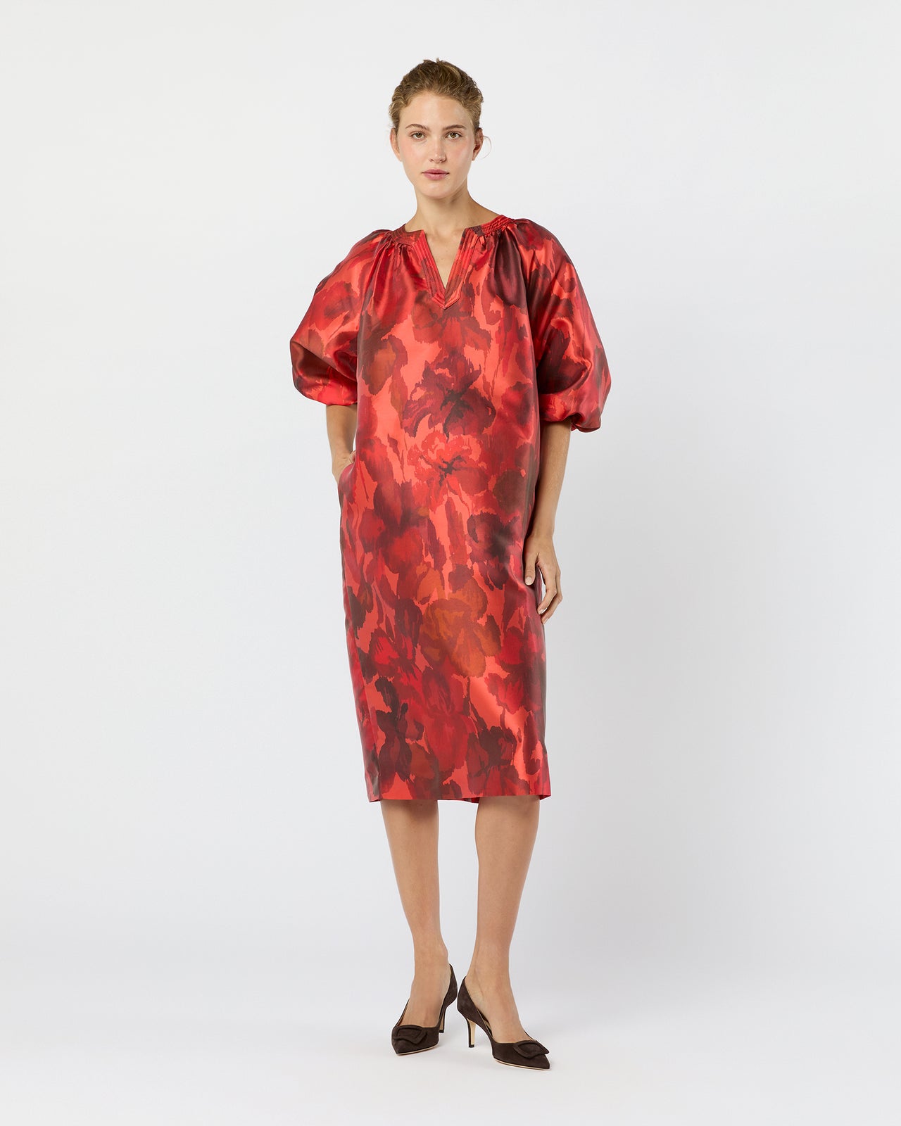 Trapunto Blouson Dress in Red/Multi Watercolor Floral Mikado