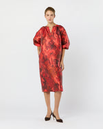 Load image into Gallery viewer, Trapunto Blouson Dress in Red/Multi Watercolor Floral Mikado
