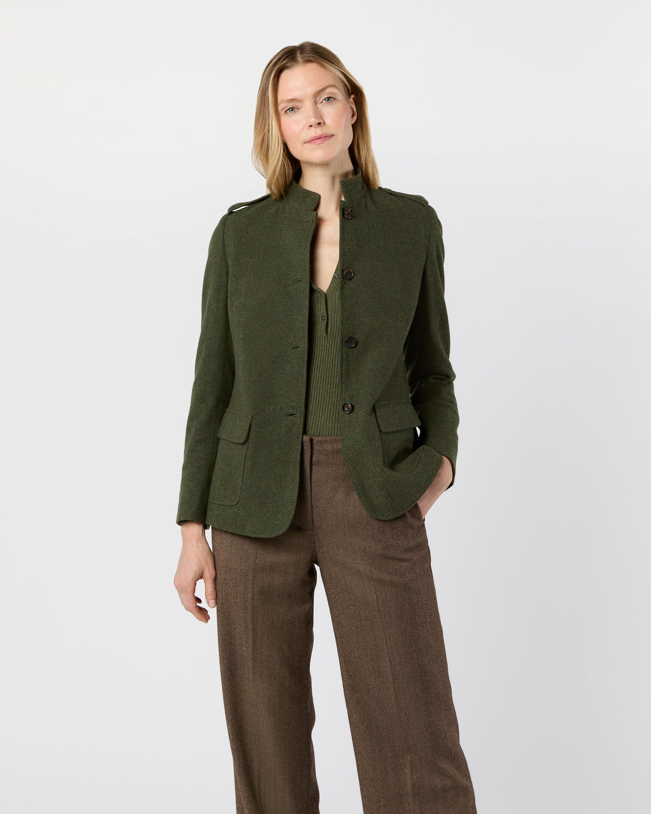 Marguerite Jacket in Heather Olive Loden Wool