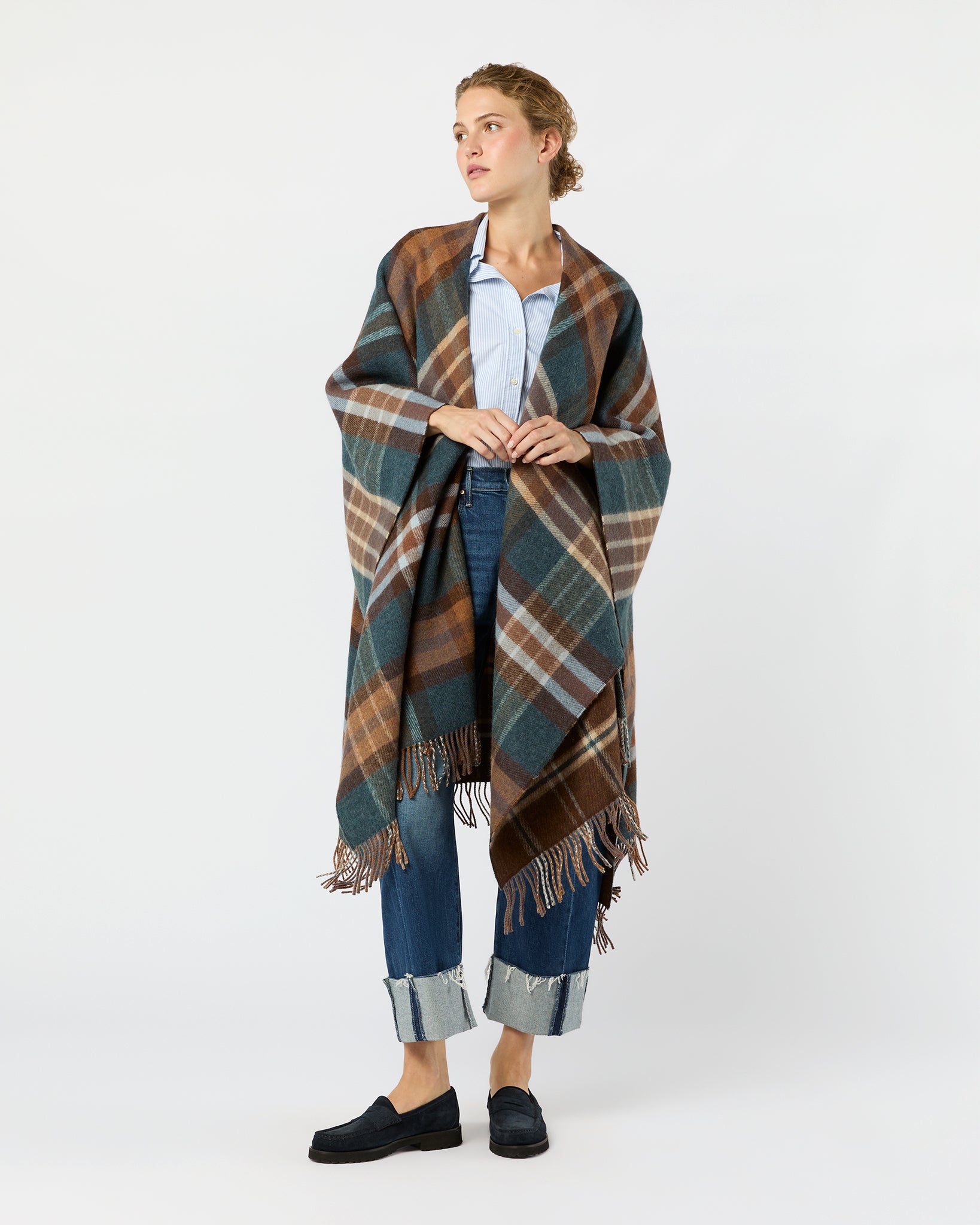 Reversible Lambswool Cape in Heather Blue Check/Brown Windowpane