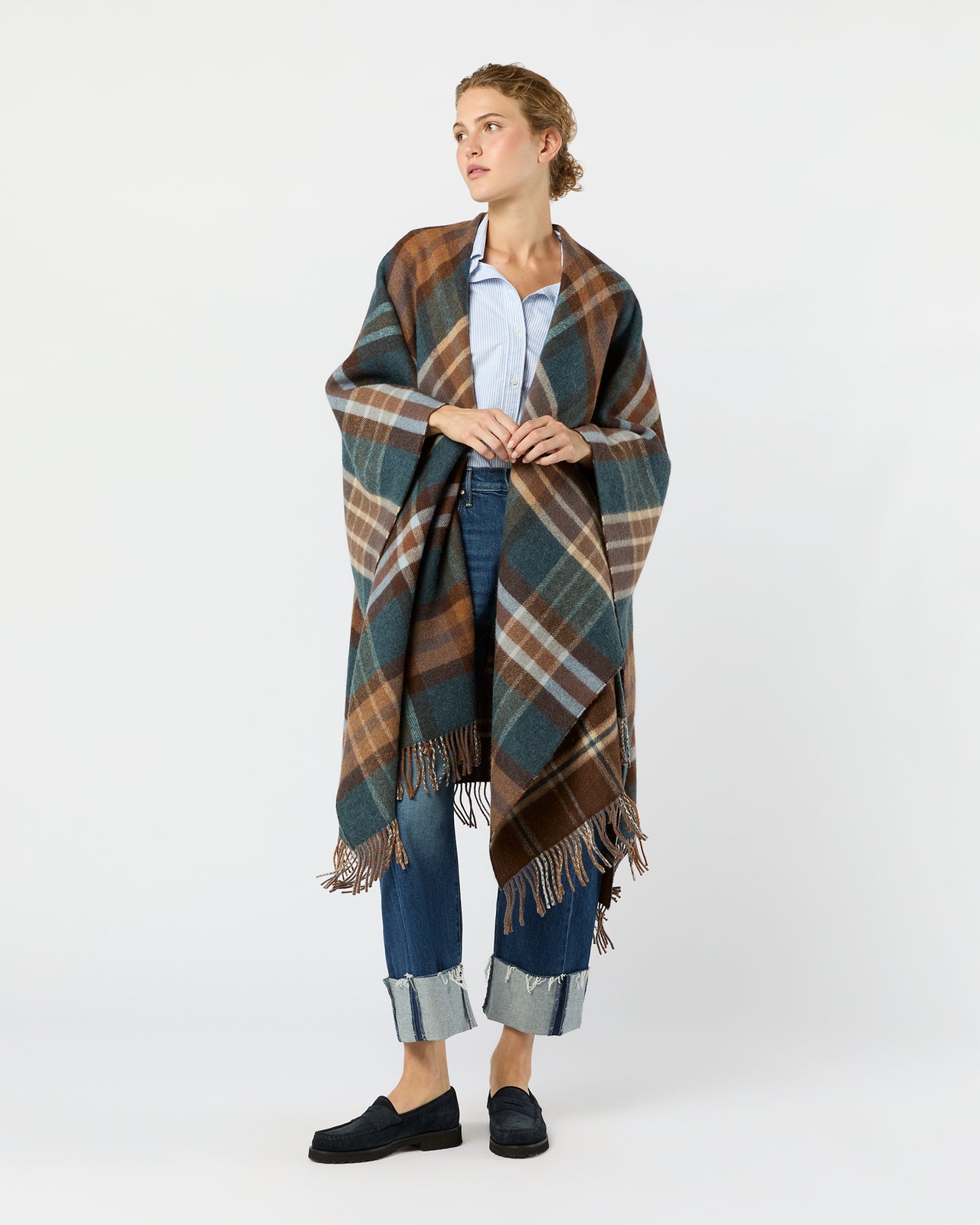 Reversible Lambswool Cape in Heather Blue Check/Brown Windowpane