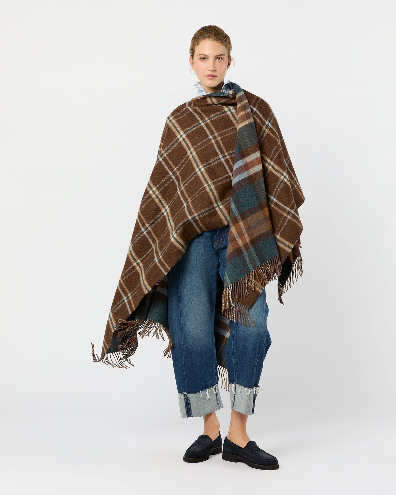 Reversible Lambswool Cape in Heather Blue Check/Brown Windowpane