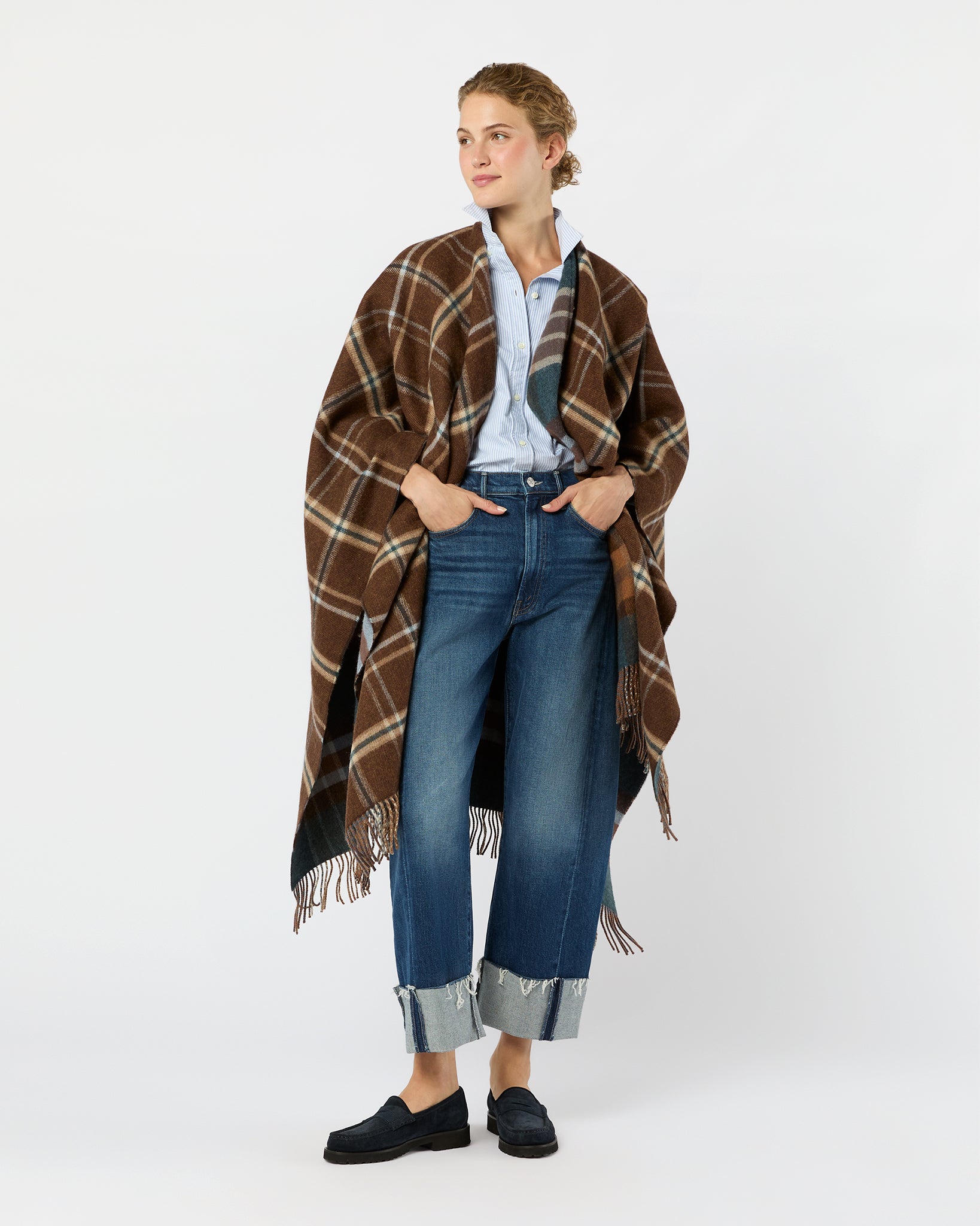 Reversible Lambswool Cape in Heather Blue Check/Brown Windowpane