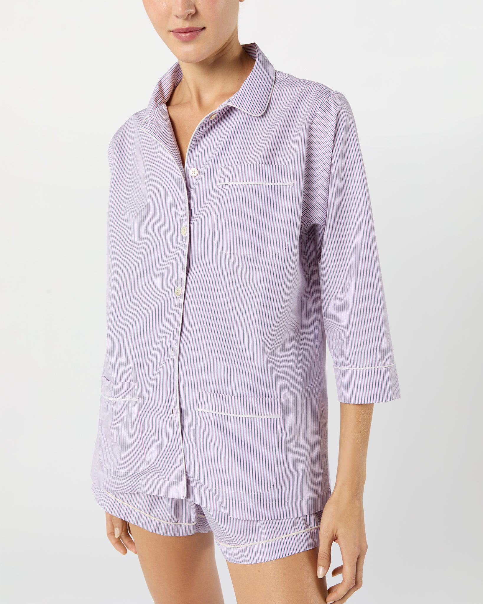 Hailey Pajama Shorts Set in Pink/Blue Multi Stripe Poplin