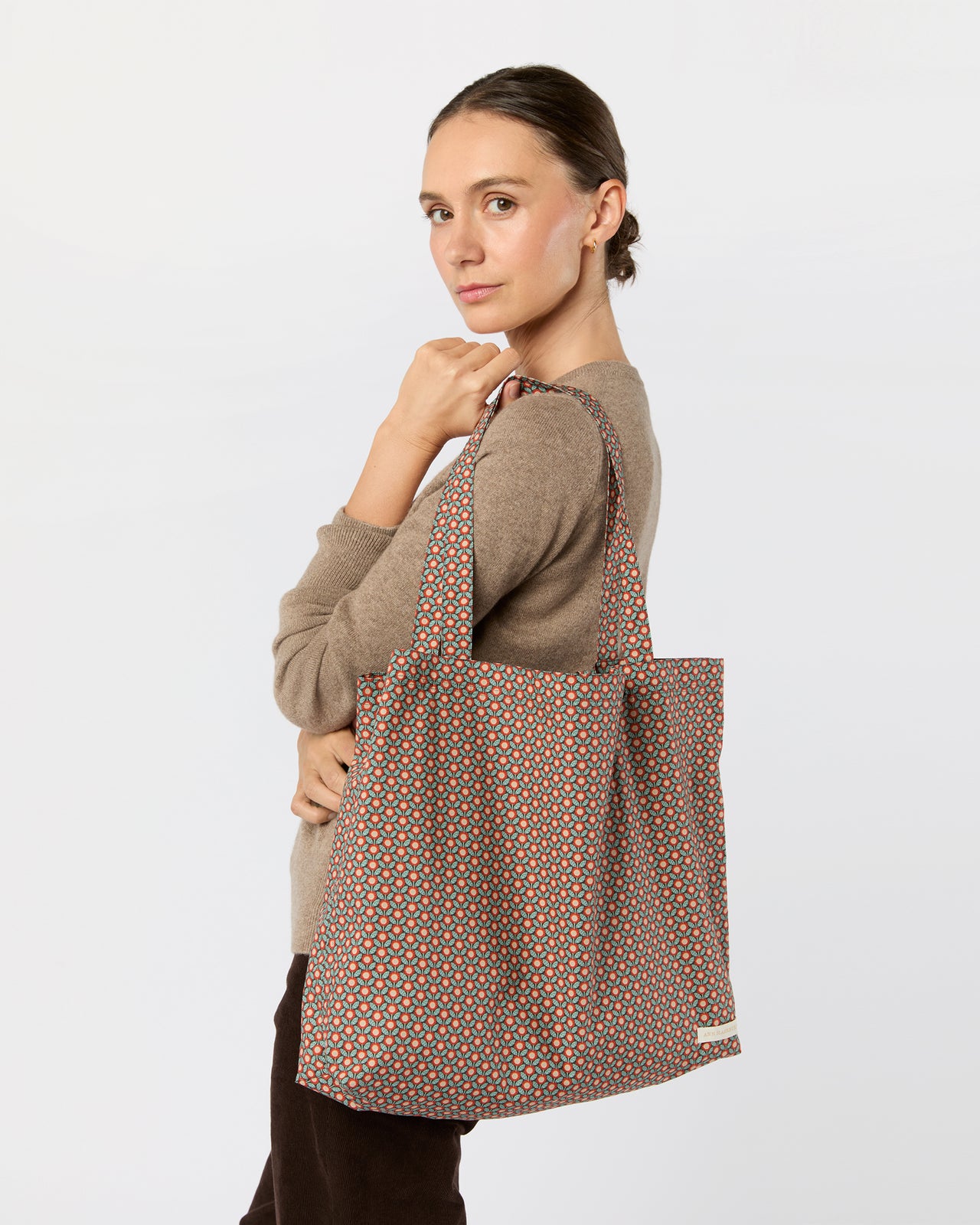 Reusable Tote Bag in Red/Sage Sunny Liberty Fabric