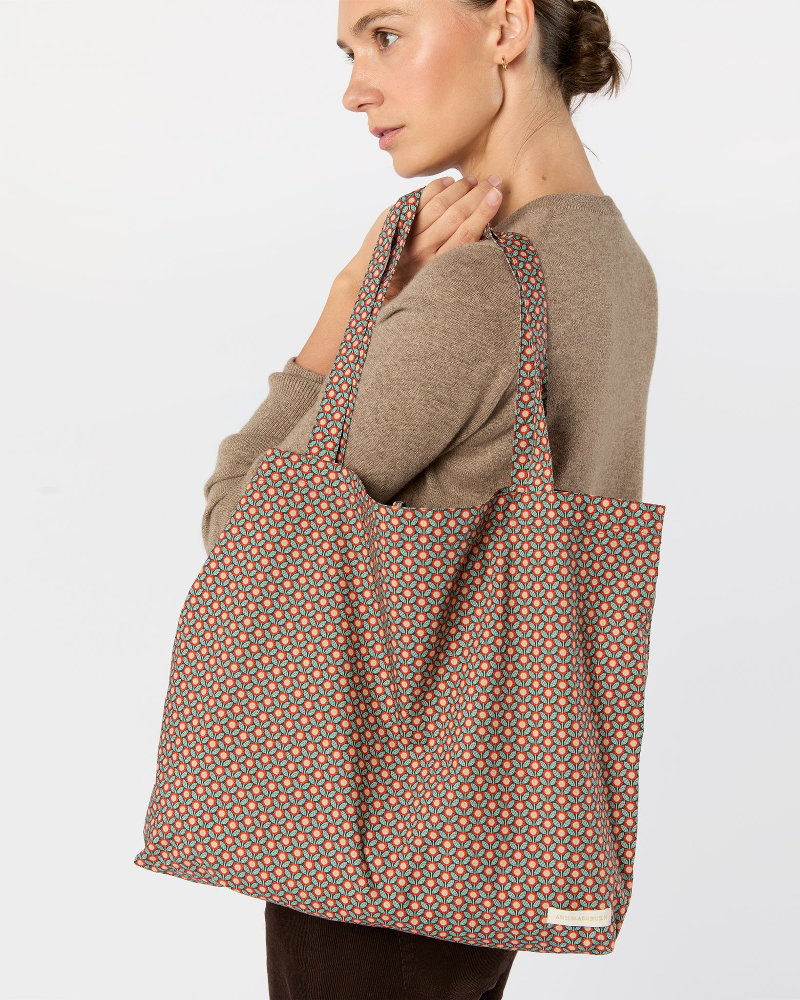 Reusable Tote Bag in Red/Sage Sunny Liberty Fabric