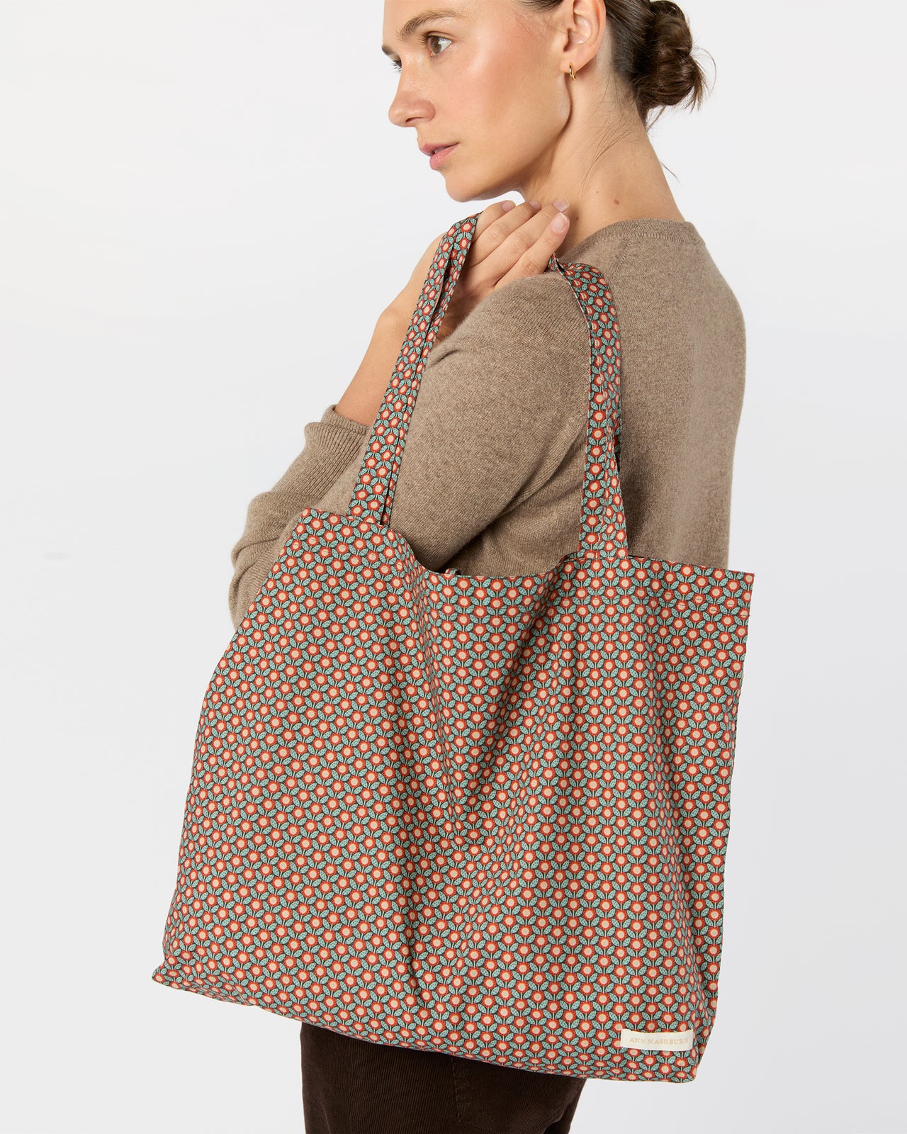 Reusable Tote Bag in Red/Sage Sunny Liberty Fabric