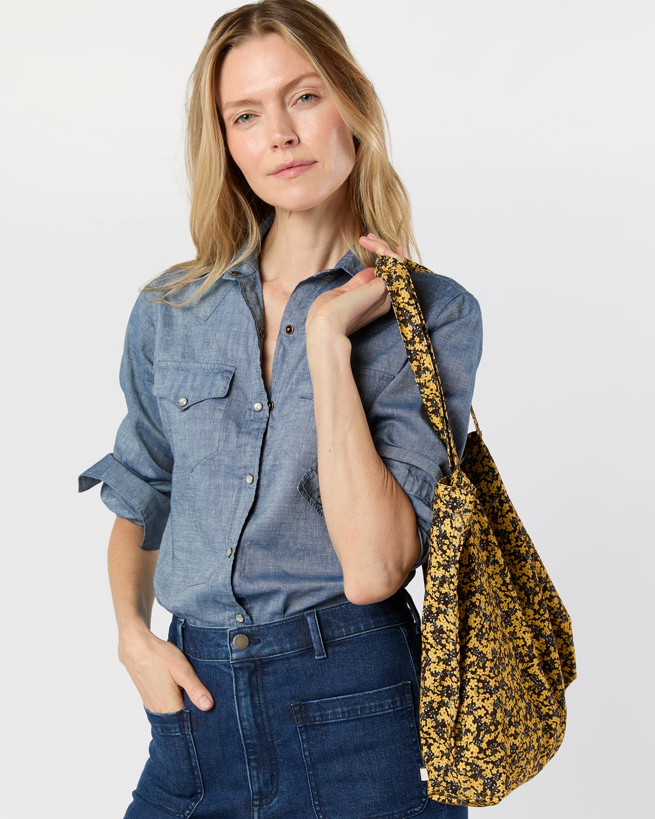 Reusable Tote Bag in Yellow/Blue/Brown Star Anise Cord Liberty Fabric